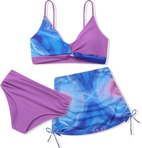 فتيات السباحة 3 قطعة الخامس الرقبة الاستوائية كروس صليب البيكيني مجموعة دبابة جافة سريعة مع تنورة شاطئ الرباط 7-16T in Kuwait