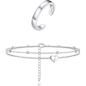 ChicSilver 925 Sterling Silver Toe Ring and Anklet Jewelry Set for Women, Dainty Hypoallergenic Ankle Bracelet and Toe Ring for Beach Party(with Gift Box)