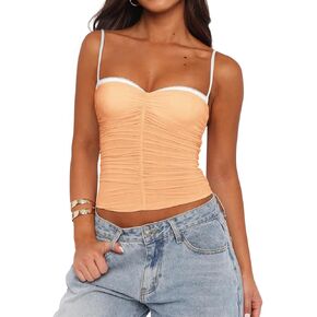 REORIA Women's Sexy Sweetheart Neck Going Out Tank Top Adjustable Spaghetti Straps Mesh Ruched Cami Tank Y2k Summer Outfits