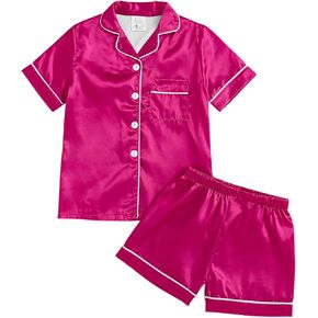 MyFav Girls Pajama Set Short Sleeve Button Down Silky Satin Girls PJS Kids Sleepwear Summer Nightwear Loungewear Set
