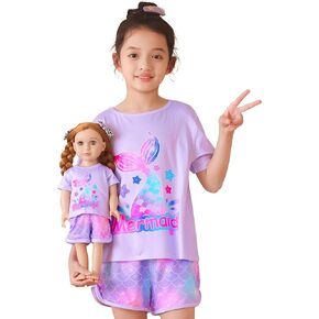 MHJY Matching Doll and Girl Pajamas Regular Shoulder Nightwear Short Sleeve Top and Shorts Cute Clothes for Toddlers Girls