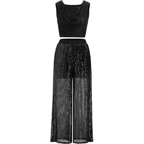 Lyrical Dance Dress Women Cowl Neck Shiny Sequins Crop Top Long Sheer Built-in Short Pant Contemporary Dance Outfits