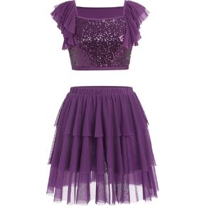 ODASDO Women Lyrical Dance Costumes Sequin Tank Crop Top + Mesh Tulle Leotard Skirt Two Piece Outfit XS-XL