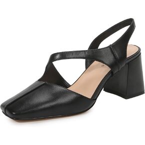Women's Slingback Pump Shoes Block Heel Squared Toe Soft PU Leather Daily Dress Shoes