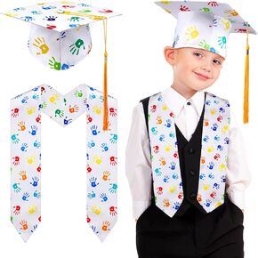 Set of 2 Kindergarten Preschool Graduation Sash and Cap Colorful Handprints Graduation Stole Class of 2025 Preschool Grad Decorations White Unisex Stole Sash for Kids