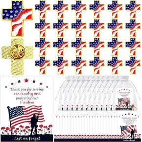 25 Sets Memorial Day Gifts Bulk-Patriotic American Flag Label Pins,Thank You Veterans Cards,Organza Bags Lest We Forget US Flag Pin for Independence Day Military Retire Veterans Decoration