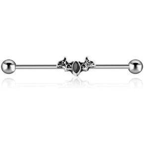 14G Industrial Stainless Steel Barbell with Bat Wings & Black Gem - 14 Gauge Cartilage Industrial Ear Piercing Jewelry, silver