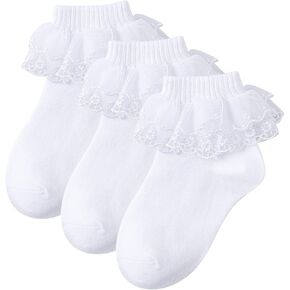 3 Pairs Girls Ruffle Socks White Frilly Lace Ankle Socks with Faux Pearl for Girls Toddler Daily Dress