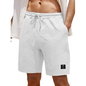 UOUA Men's Casual 7" Shorts Drawstring Elastic Waist Texture Summer Beach Sweat Shorts with Pockets