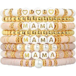 Mama Bracelet Mother's Day Birthday Holiday Gift Mom Beaded Bracelets For Women Stackable Beads Boho Bracelet Summer Beach Jewelry Set (MAMA-Beige)