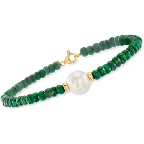 Ross-Simons 9-10mm Cultured Pearl and 26.00 ct. t.w. Emerald Bead Bracelet in 14kt Yellow Gold