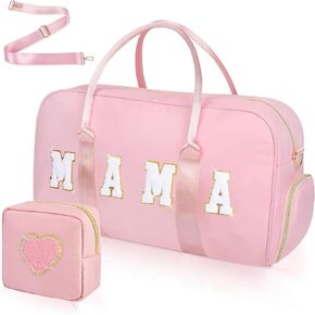 Mama Hospital Bag for Women Labor and Delivery Nylon Chenille Letter Embroidered Duffle Overnight Weekender Bag with Shoes Compartment and Mothers Day Gifts White