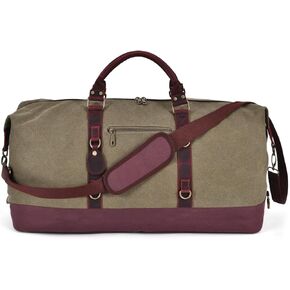 Khaki Canvas & Genuine Leather Duffle Bag for Men, Mens Travel Bag, Vintage Carry On Bag, Luggage Bag with Shoes Bag & Adjustable Strap, Overnight Bag Weekender in Kuwait