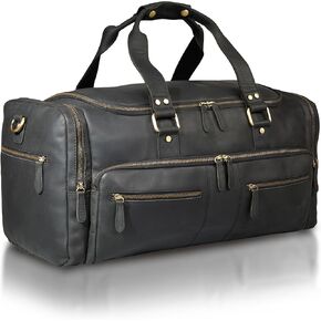 Luxorro Full Grain Leather Duffel Bag for Men - Carry On, Mens Duffle for Traveling, Overnight Travel Duffel Bags, 22 Inch Cabin Bag for Air Travel, Black