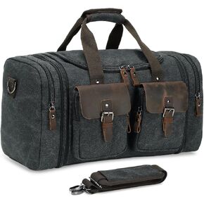 Canvas Duffle Bag with Genuine Leather Accents, Expandable 20-23 Inch Travel Weekender, Multiple Pockets, Black in Kuwait
