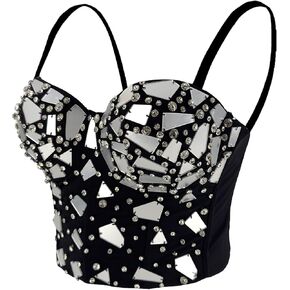 ELLACCI Sexy Glass Mirror Diamond Bustier Crop Top Push up Corset Top with Detachable Straps