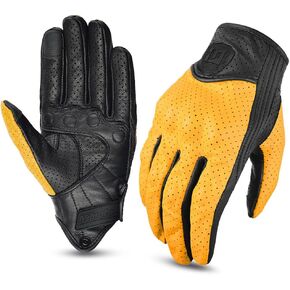 Yellow/Black Vintage Leather Mesh Climbing Hiking Off-Road Motorcycle Riding Breathable Gloves Comfortable Wear-Resistant Motocross Glove with Full Finger Protection for All Seasons