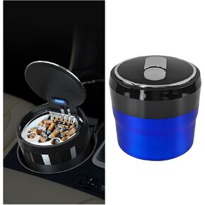 Car Ashtray with Lid, Portable Mini Vehicle Smokeless Smoking Cylinder Cup Holder Ash Tray, Detachable Cigarette Trash Can with LED Blue Light, Universal Automotive Accessories(Black)