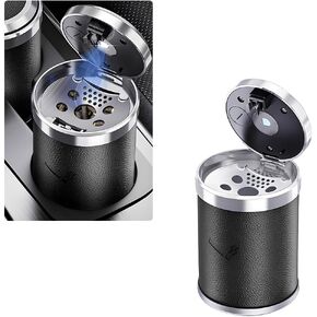 Car Ashtray with Lid, Leather Portable Detachable Ashtray with LED Blue Light, Mini Stainless Steel Smokeless Car Trash Can, Universal Interior Accessories for Most Cars (Black)