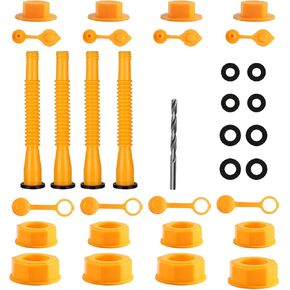 4 sets Gas Can Spout Replacement, Gas Can Nozzle Replacement for 1/2/5/10 gallon gas cans. Upgraded replacement gas can spout with flexible nozzle, vent cap, thick rubber pad, spout cover