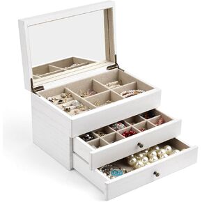 Meangood Jewelry Box Wood for Women, 5-Layer Large Organizer Box with Mirror & 4 Drawers for Rings, Earrings, Necklaces, Vintage Style, Torched Wood