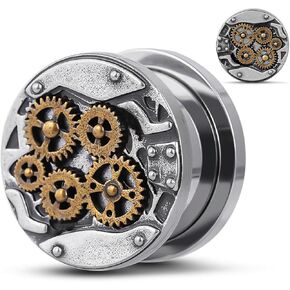COOEAR Stainless Steel Ear Tunnel and Plug, Flesh Gauges for Earrings, Industrial Gears Design Piercing Expander Stretchers.