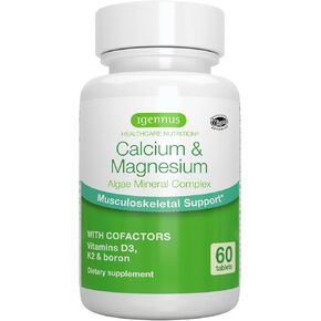 Igennus Algae Calcium & Magnesium Supplement, Plant Based, High Absorption, K2 & D3, Non-GMO Red Algae Mineral Complex for Bone & Teeth Support, for Women and Men, with Boron, Vegan, 60 Tablets