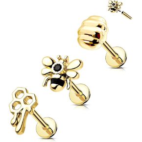 CM Crareesi Mania Flat Back Earrings Internally Threaded Labret Studs 316L Stainless Steel Helix Earrings Stud 16G Cartilage Earrings Stud 8mm Bee Medusa Piercing Jewelry