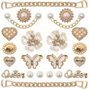 24 Pcs Bling Shoe Charms for Women, Flower Pearl Shoe Decoration Charm for Clog Rhinestone Shoes Chain Charms Cute Shoes Charm DIY Accessories for Birthday Party