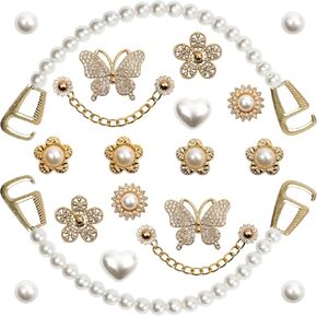 20Pcs Gold Bling Shoe Charms Women Luxury Rhinestone Pearl Bling Shoe Decoration Gold Rhinestone Butterfly Flower Pearl Chain Clogs Shoes Fashion Charms Birthday Gift