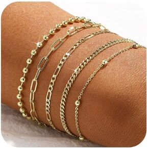 CAROVO Gold Bracelets for Women Waterproof Dainty 14K Gold Plated Stackable Cuban Beaded Link Snake Lip Paperclip Chain Bracelets Fashion Jewelry Gift for Women