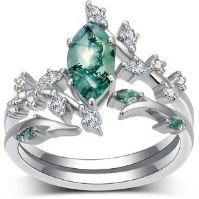 1 قيراط Marquise Cut Moss Agate خاتم الزفاف مجموعة للنساء ، 925 Sterling Silver Green Moss Agate خاتم الخطوبة مجموعة هدية المجوهرات للزوجة لها