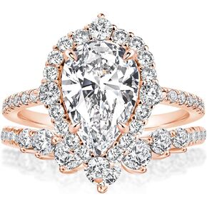 2.5Ct Halo Pear Cut Ring مجموعة خاتم الزفاف ، خاتم زواج الماس محاكاة CZ في الذهب الوردي المطلي 925 الفضة الاسترليني