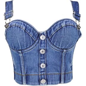 Women's Denim Bustier Crop Top Jean Corset Top Bra with Buttons