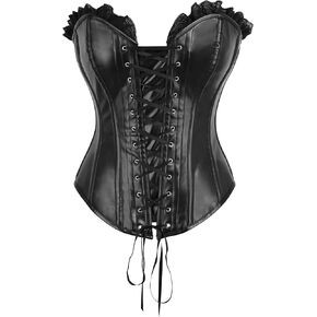 Daisy Corsets Womens Top Drawer Black Faux Leather & Black Lace Trim Lace-Up Steel Corset