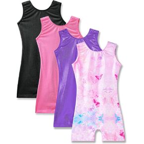 Nymphperi 4 Packs Gymnastics Leotard for Girls Size 8Y 9Y Sparkle Biketards with Shorts Kids Sleeveless Unitard One-Piece Dancewear
