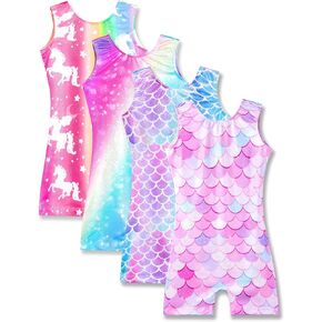 Nymphperi 4 Packs Gymnastics Leotard for Girls Size 5-6Y Sparkle Biketards with Shorts Kids Sleeveless Unitard One-Piece Dancewear