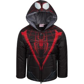 Marvel Boys' Puffer Jacket - Spiderman, Miles, and Spider Gwen Quilted Zip Up Insulated Hooded Winter Jacket for Boys (2T-7), Size 7, Miles Morales Black