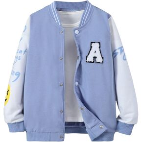 WDIRARA Boy's Color Block Letter Graphic Print Button Front Varsity Bomber Jacket
