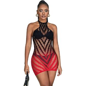 ohyeah Plus Size Fishnet Lingerie Dress Halter Babydoll Stretch Chemise Sheer Swimsuit Cover Up Fishnet Bodystocking