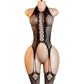 Black Sheer Fishnet Bodystocking Mesh Bodysuit for Women Attached Stockings Crotchless One Size