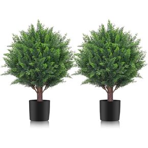 19" Artificial Cedar Topiary Ball Trees Set of 2 - UV Resistant Shrubs & Bushes Potted Plants for Outdoor Indoor Front Porch Garden