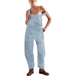Kedera Women's Jean Overalls Loose Fit Adjustable Strap Striped Denim Jumpsuits Barrel Wide Leg Bib Overall Fall Fashion