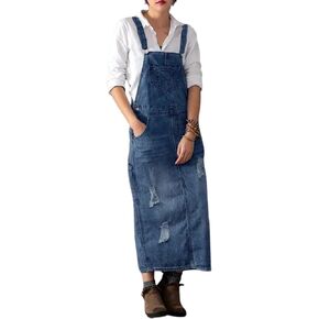 Yoeasy Women's Distressed Denim Overall Dress - Adjustable Strap Pinafore A-Line Mid Long Jean Bib
