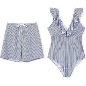 PATPAT Matching Swimsuits for Couples V Neck One Piece Swimwear Drawstring Waist Swim Trunks Summer Beach Bathing Suits