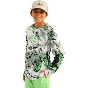 HUK Unisex Kid's Pursuit Pattern Long Sleeve, Fishing Shirt, Mossy Oak-Fog Green