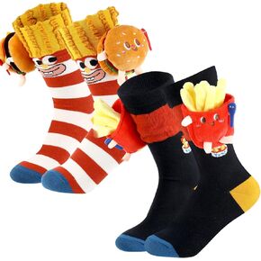 2 Pairs Fun Food 3D Crew Socks Novelty Fast Food Theme Mid Tube Cotton Socks Funny Gift for Couple Lover