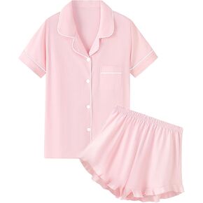 QZH.Duao Girls Pajama يضع 100 ٪ زر نوم من القطن على الأكمام قصيرة مع شورت 2 قطعة PJS 5-14