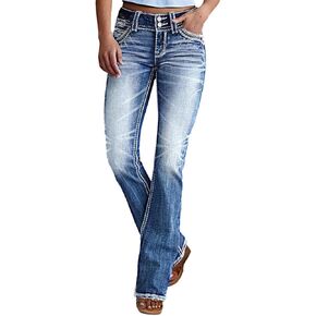Women Mid Waisted Bootcut Jeans Zip Stretchy Slim Casual Double Button Flare Denim Pants with Distressed Pocket