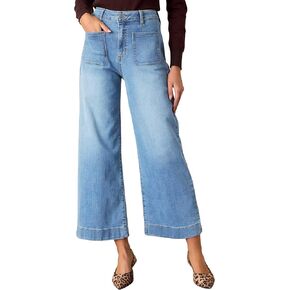 Allimy Women's High Waisted Cropped Wide Leg Jeans Stretchy Loose Denim Pants with Front Patch Pockets